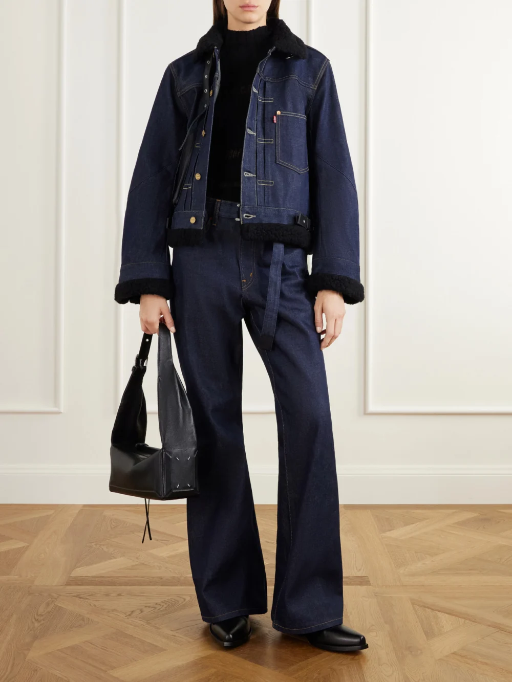 Sacai + Levi's Plush and Leather-trimmed Denim Jacket, worn by a model
