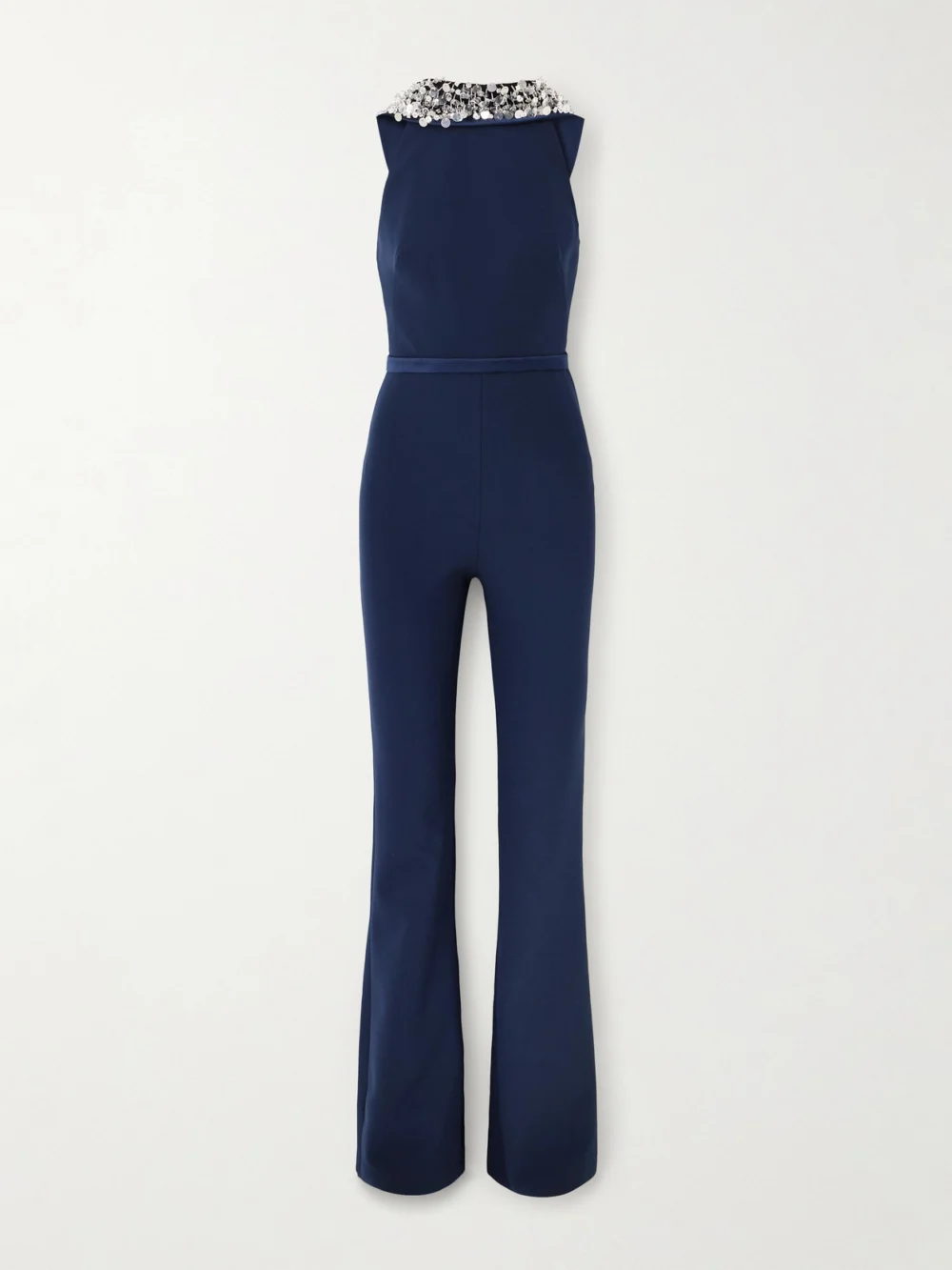 Safiyaa Luna Embellished Duchesse Satin-trimmed Crepe Jumpsuit in navy
