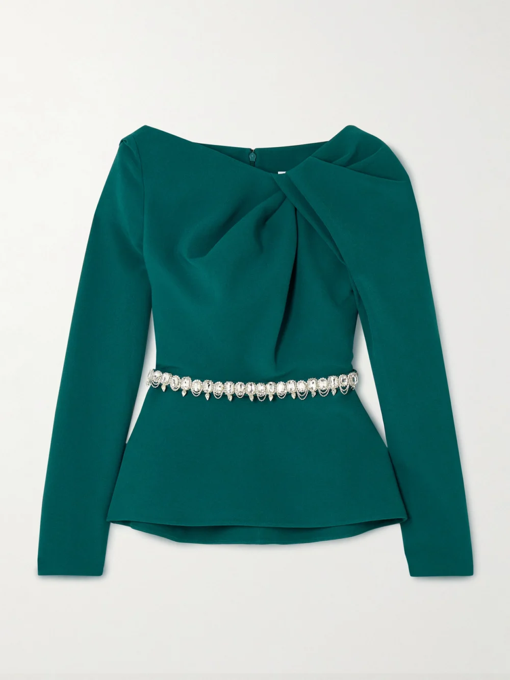 Safiyaa Manya Belted Draped Crystal-embellished Stretch-crepe Peplum Blouse in teal
