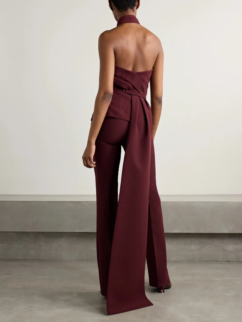 Back view of the Safiyaa Odele Asymmetric Draped Crepe Halterneck Top