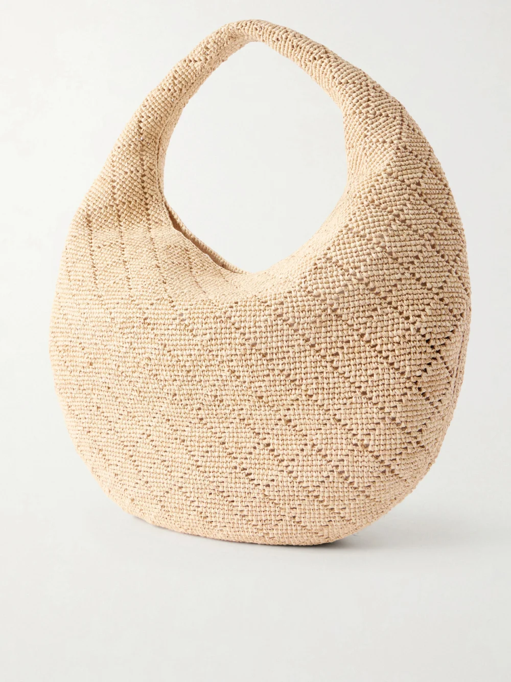 Back view of the Saint Laurent Icare Cassandre-embellished Woven Raffia Shoulder Bag