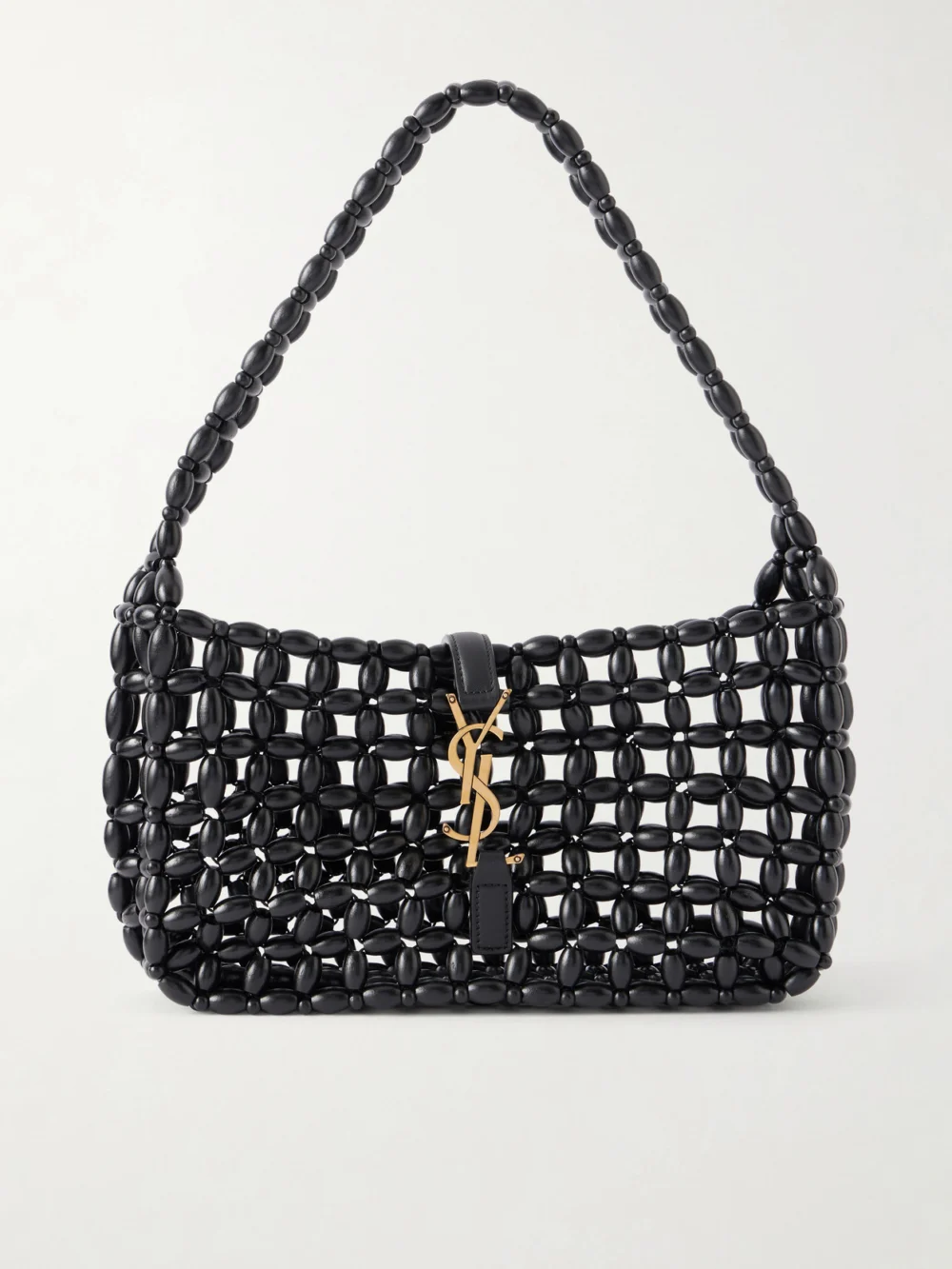 Saint Laurent Le 5 À 7 Mini Leather-trimmed Beaded Wood Shoulder Bag in black