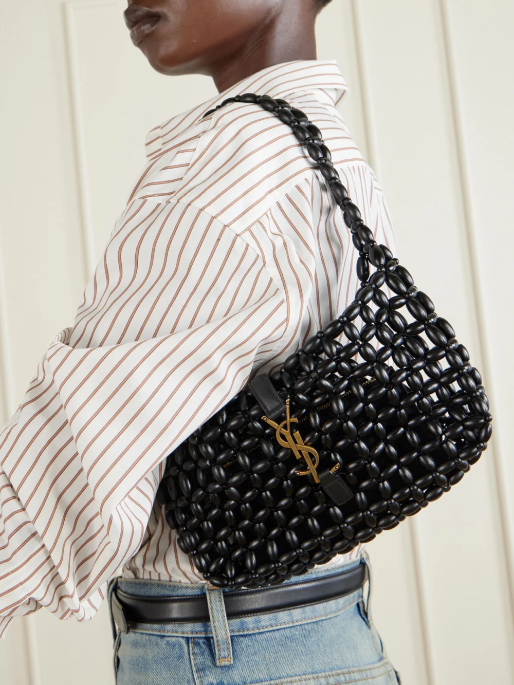 Saint Laurent Le 5 À 7 Mini Leather-trimmed Beaded Wood Shoulder Bag, styled view