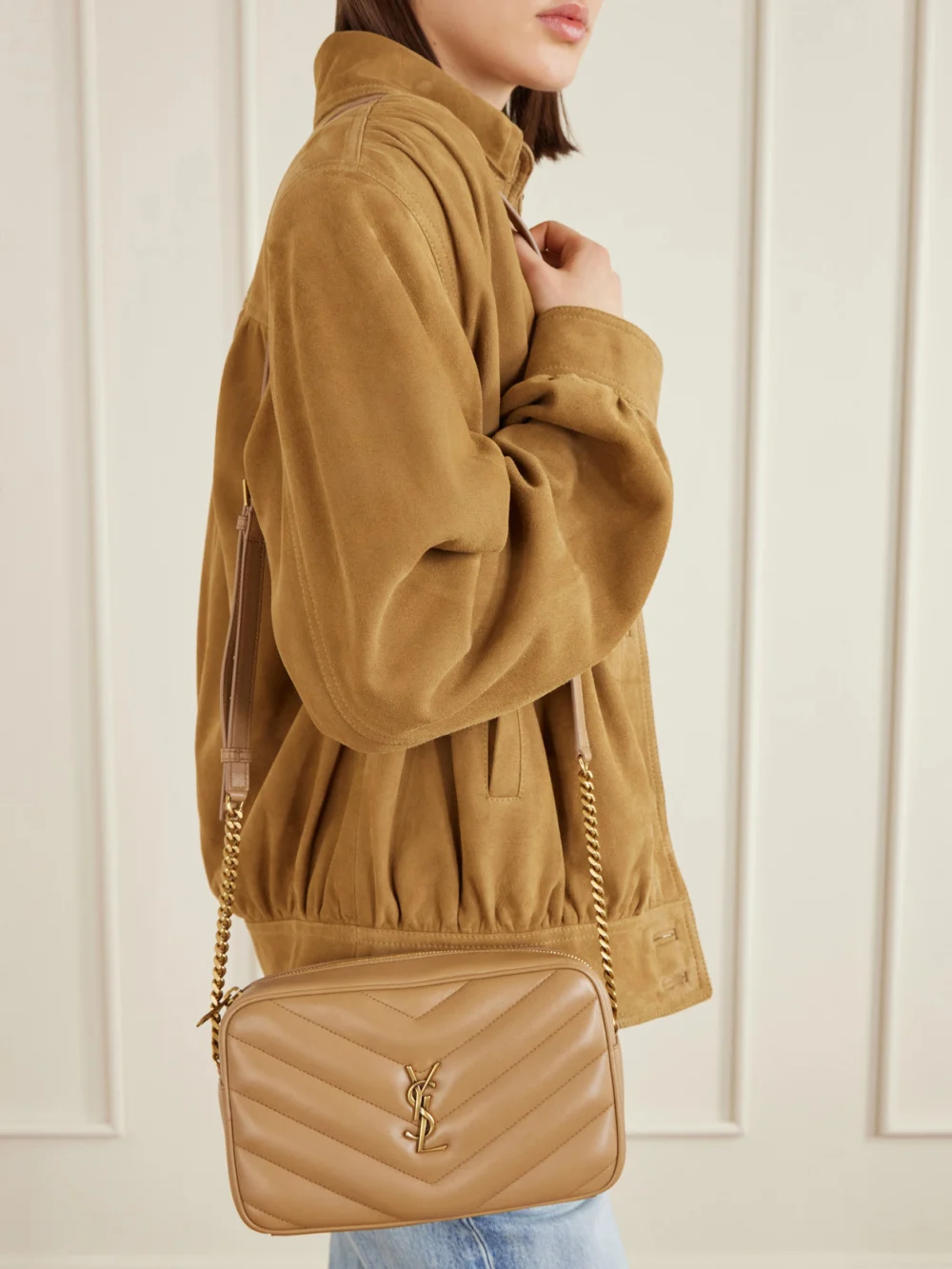 Saint Laurent Loulou Cassandre-embellished Matelassé Textured-leather Shoulder Bag, styled view