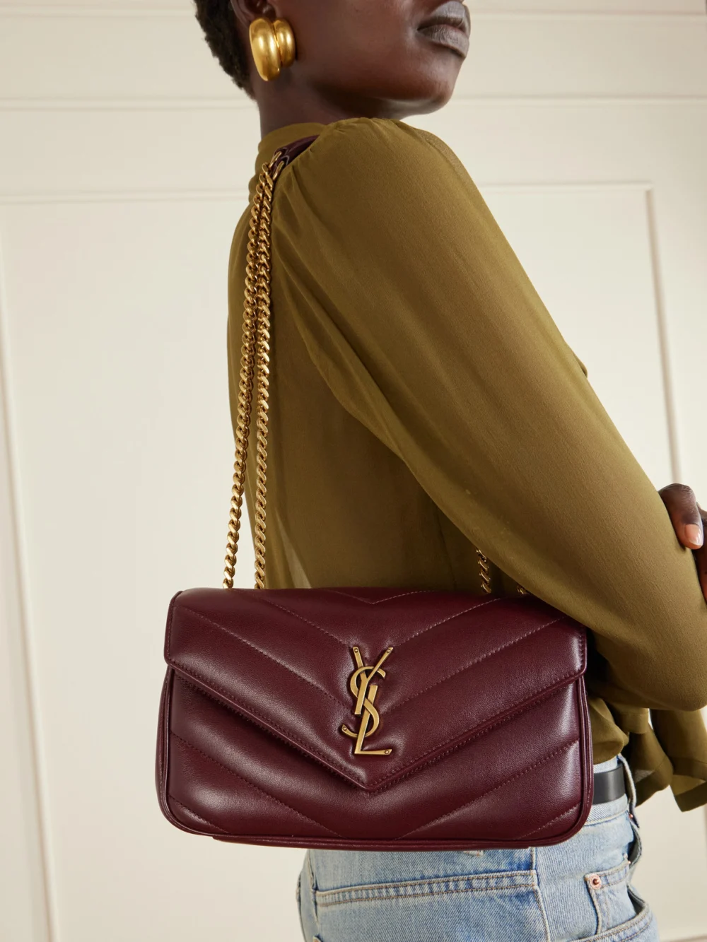 Saint Laurent Loulou Small Matelassé Leather Shoulder Bag, styled view