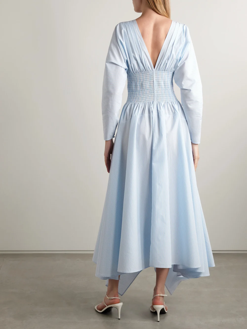Back view of the Salon 1884 Camicia Shirred Striped Cotton-poplin Midi Dress