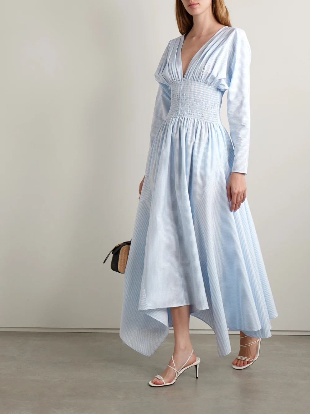 Salon 1884 Camicia Shirred Striped Cotton-poplin Midi Dress, worn by a model