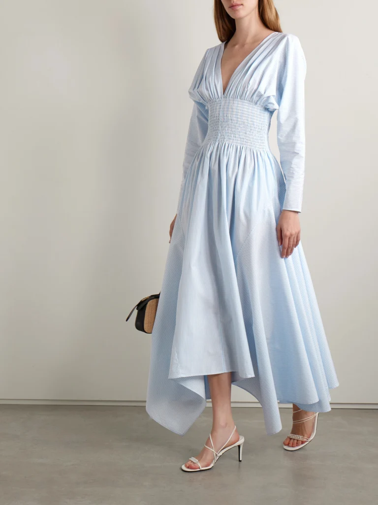 Salon 1884 Camicia Shirred Striped Cotton-poplin Midi Dress