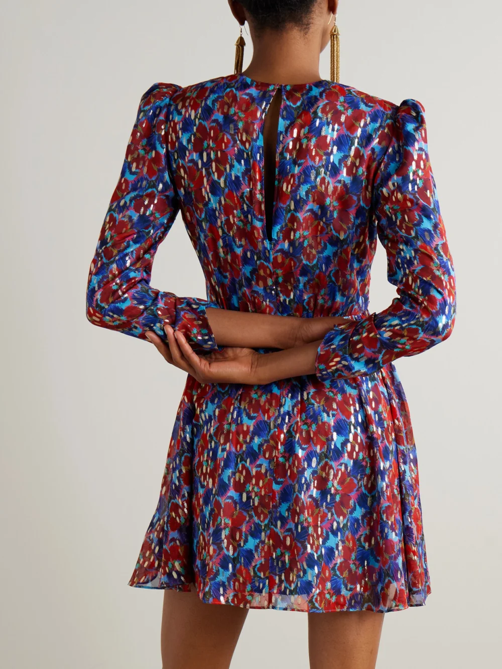 Back view of the Saloni Blythe-b Knotted Floral-print Metallic Silk-georgette Mini Dress