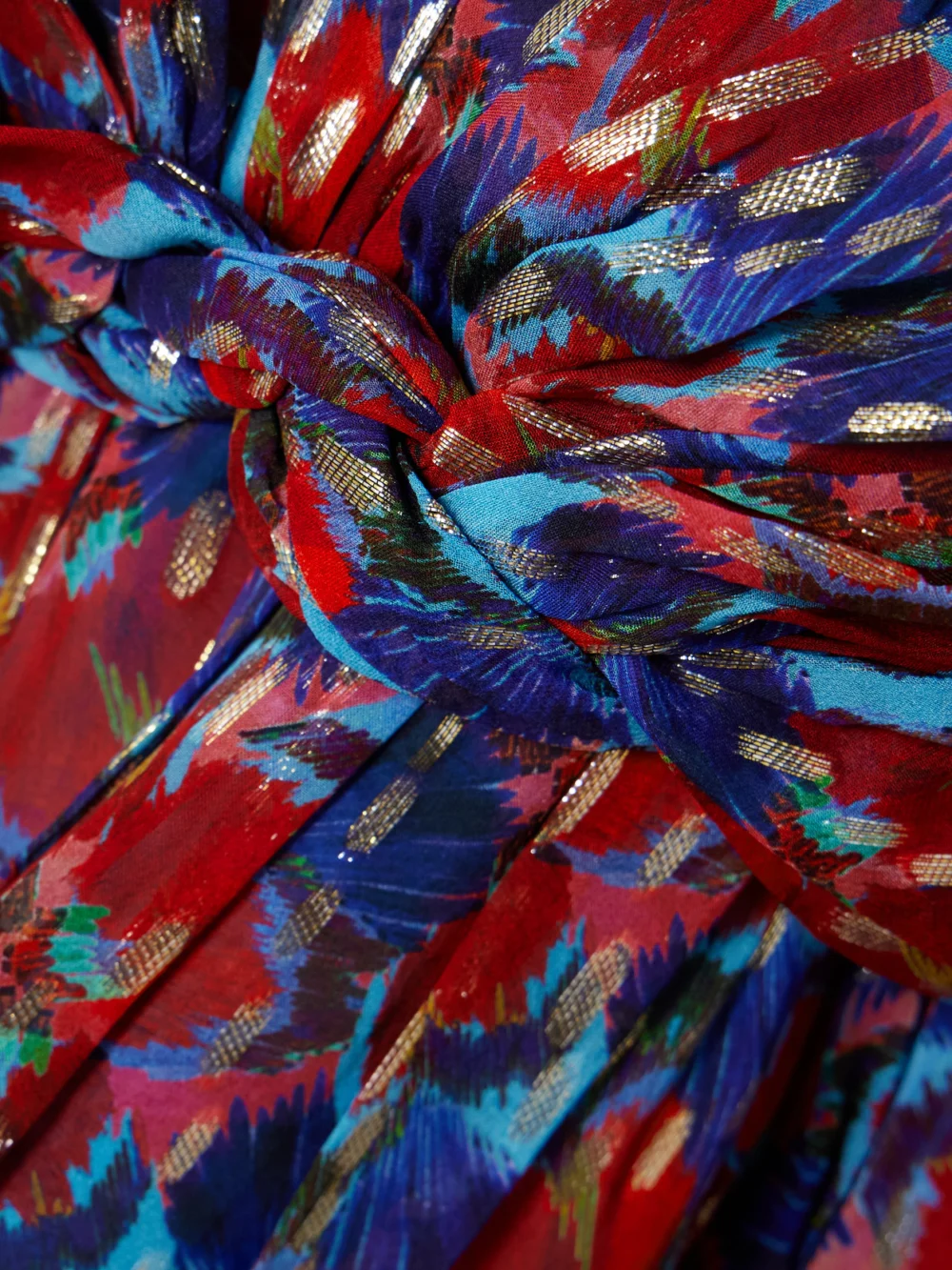 Close-up detail of the Saloni Blythe-b Knotted Floral-print Metallic Silk-georgette Mini Dress
