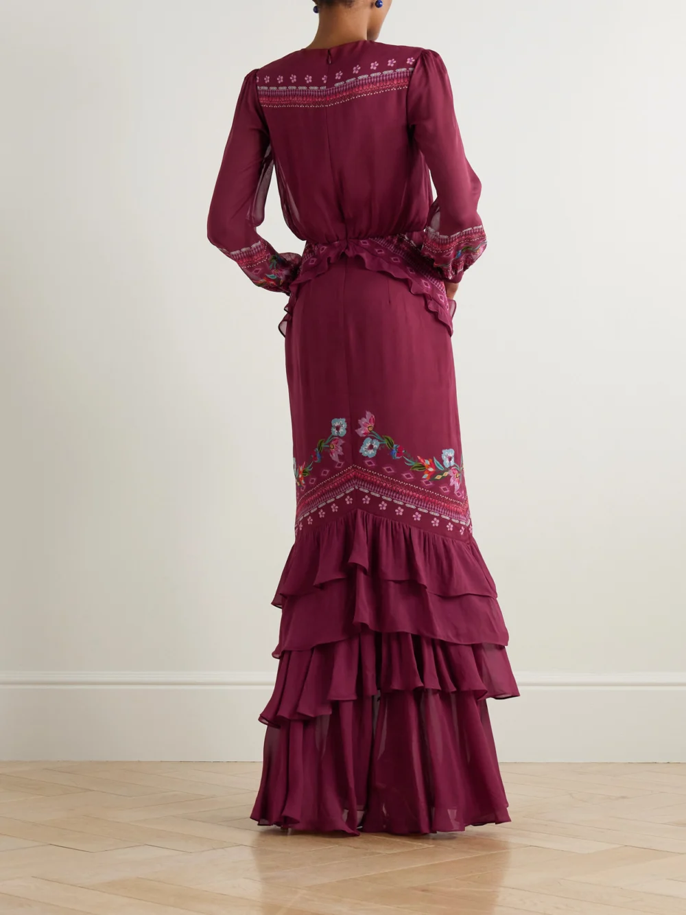 Back view of the Saloni Isa Long-c Ruffled Floral-print Silk Crepe De Chine Gown