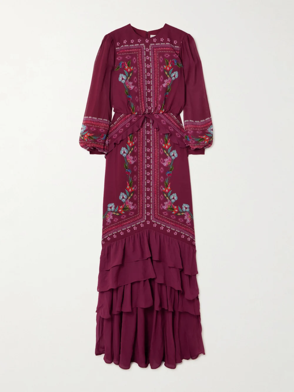 Saloni Isa Long-c Ruffled Floral-print Silk Crepe De Chine Gown in red