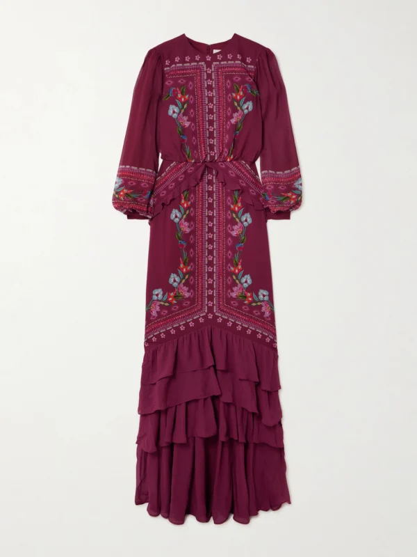 Saloni Isa Long-c Ruffled Floral-print Silk Crepe De Chine Gown