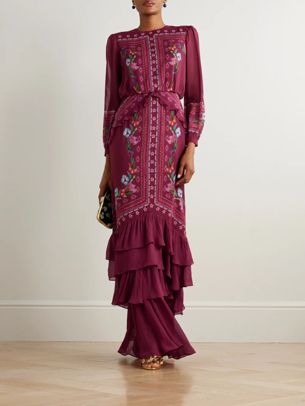 Saloni Isa Long-c Ruffled Floral-print Silk Crepe De Chine Gown, worn by a model
