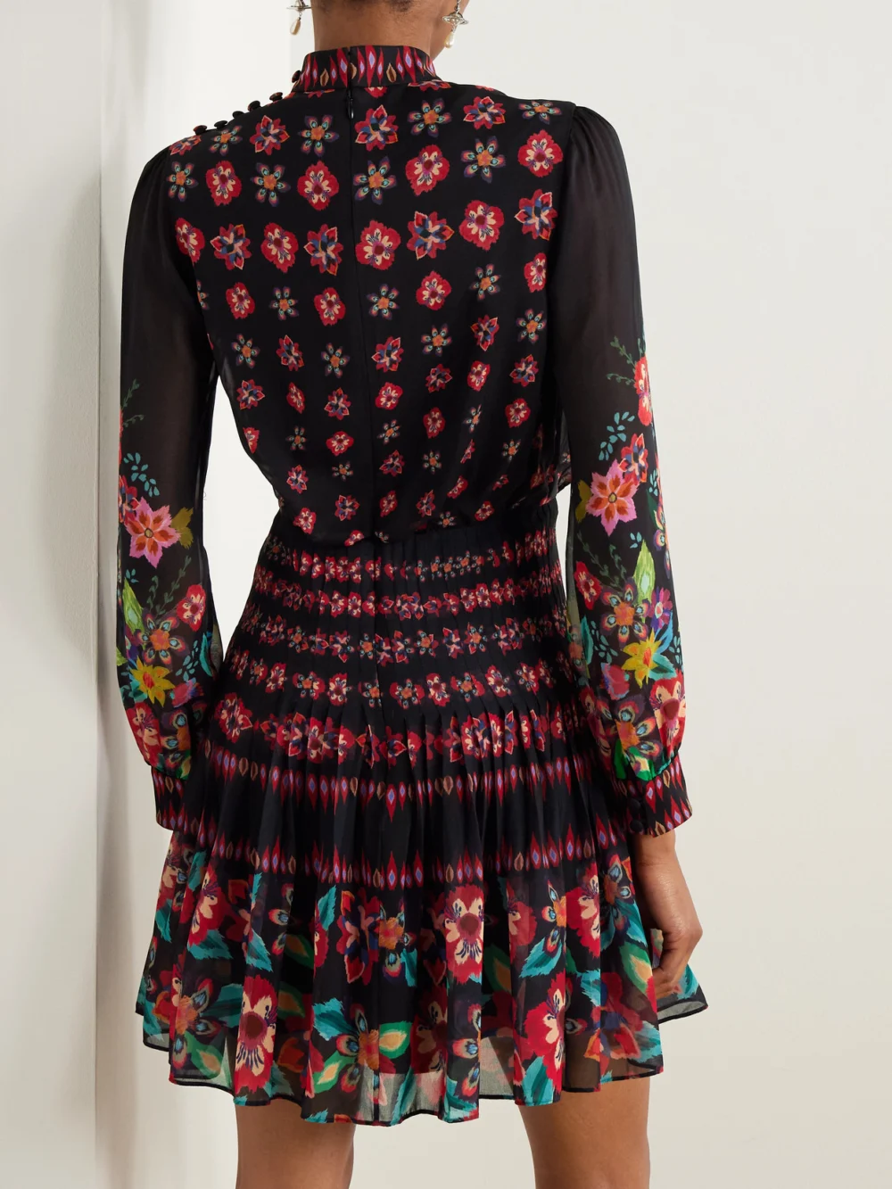 Back view of the Saloni Isa Pleated Floral-print Silk Crepe De Chine Mini Dress