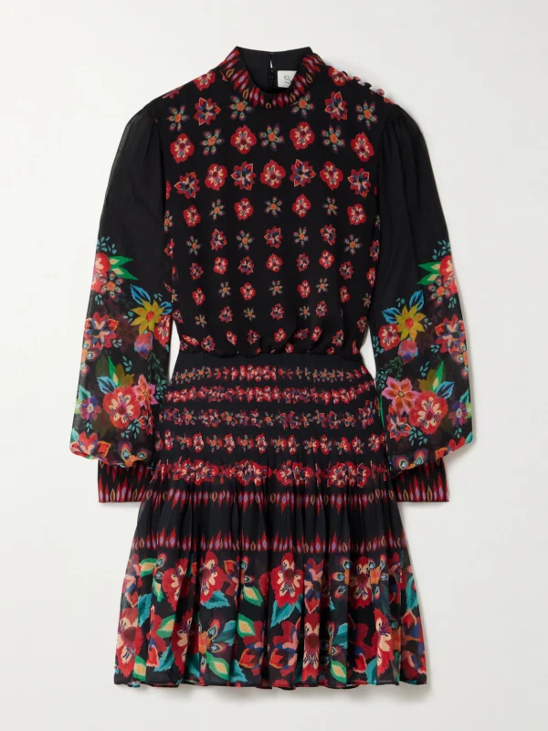Saloni Isa Pleated Floral-print Silk Crepe De Chine Mini Dress