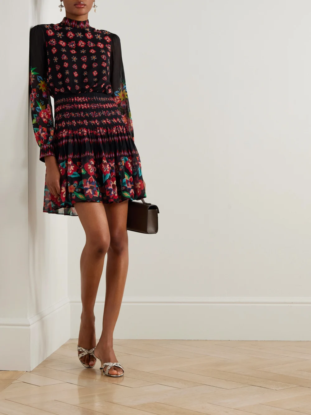 Saloni Isa Pleated Floral-print Silk Crepe De Chine Mini Dress, worn by a model
