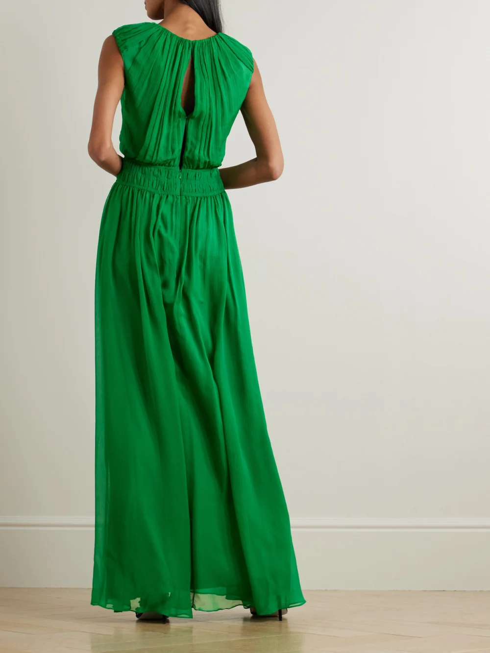Back view of the Saloni Maryam Gathered Silk-blend Crepon Maxi Dress