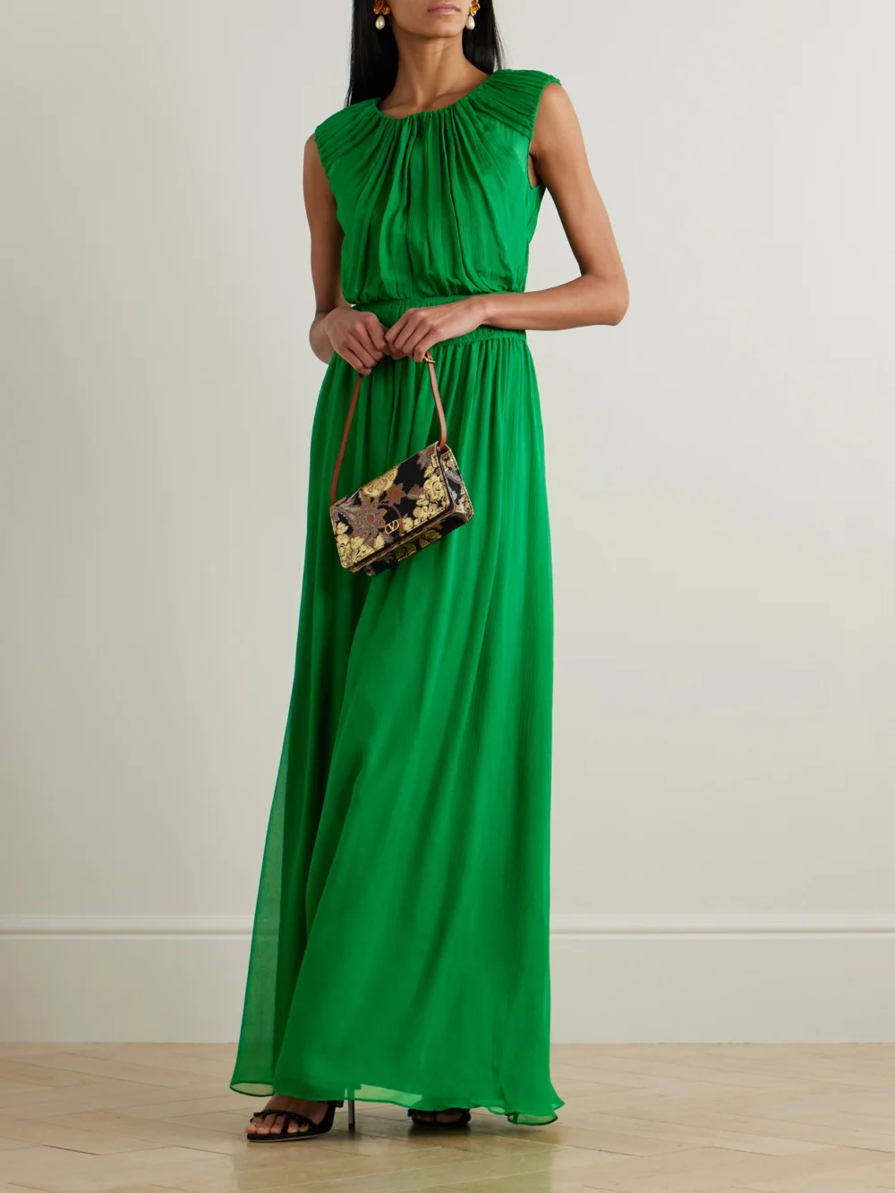 Saloni Maryam Gathered Silk-blend Crepon Maxi Dress, worn by a model