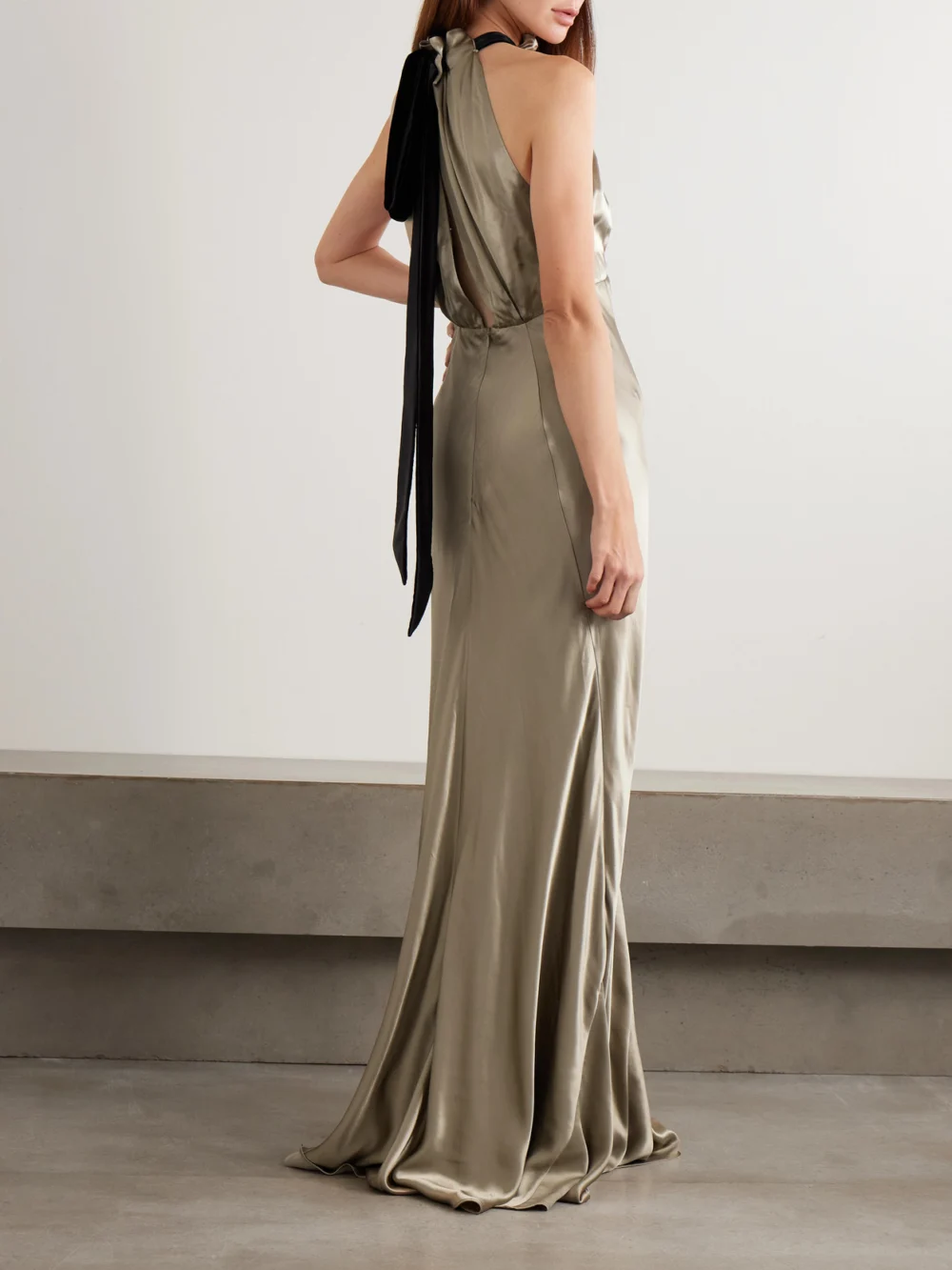 Back view of the Saloni Michelle Velvet-trimmed Open-back Satin Gown