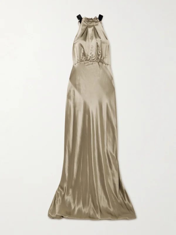 Saloni Michelle Velvet-trimmed Open-back Satin Gown