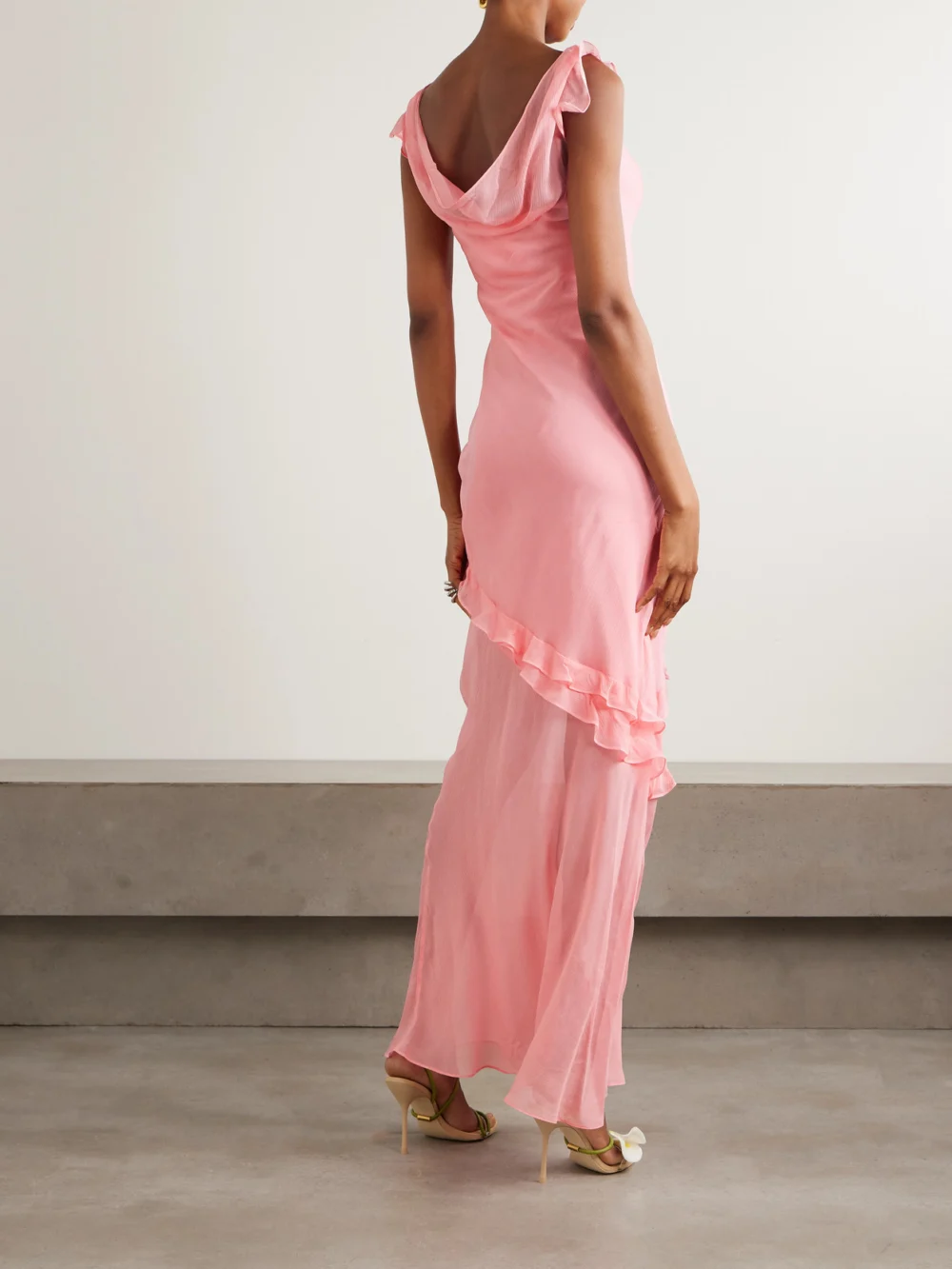 Back view of the Saloni Renu Draped Ruffled Silk-blend Crepon Gown