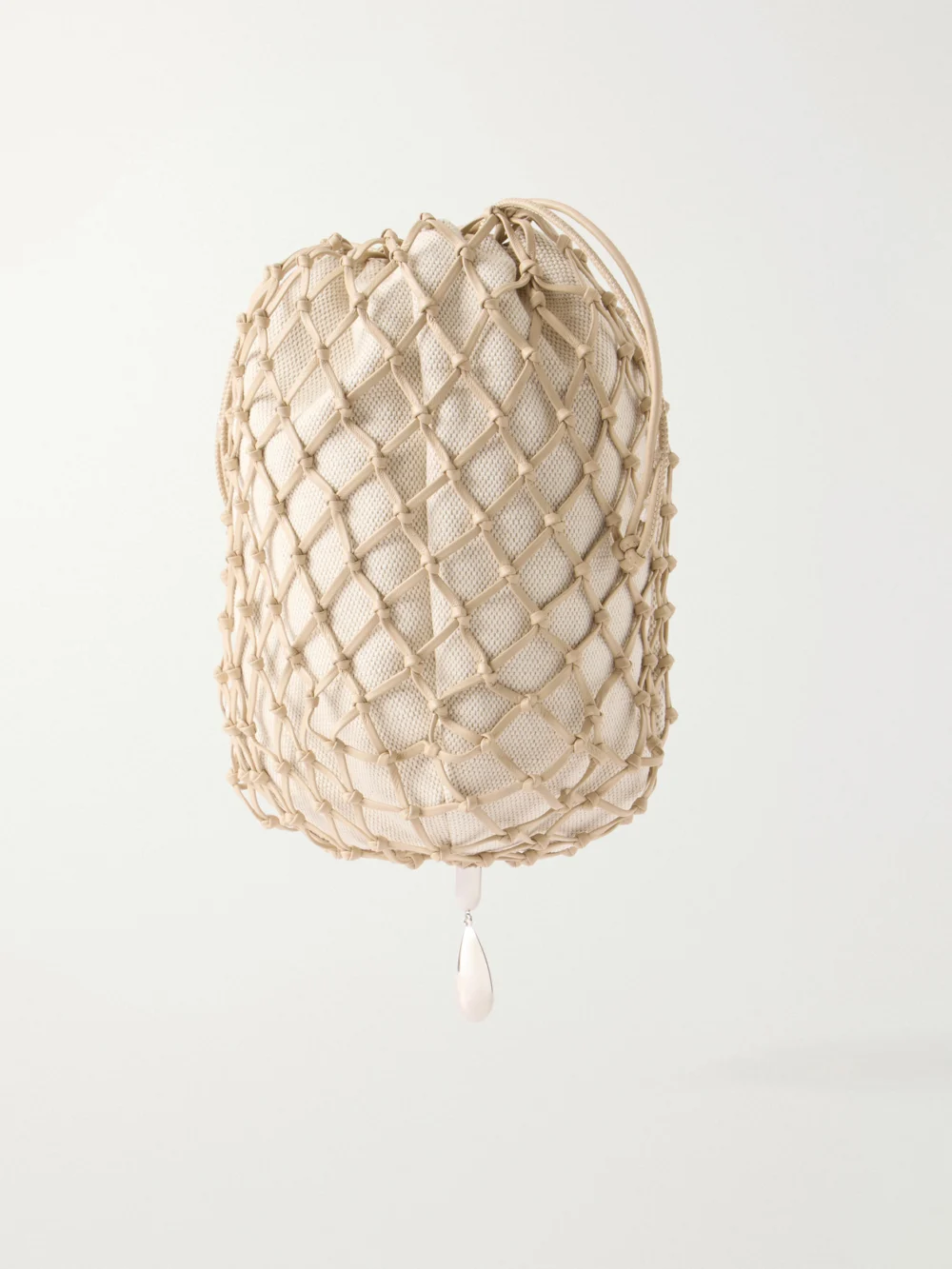 Back view of the Savette Macrame Bead-embellished Canvas-trimmed Leather Clutch