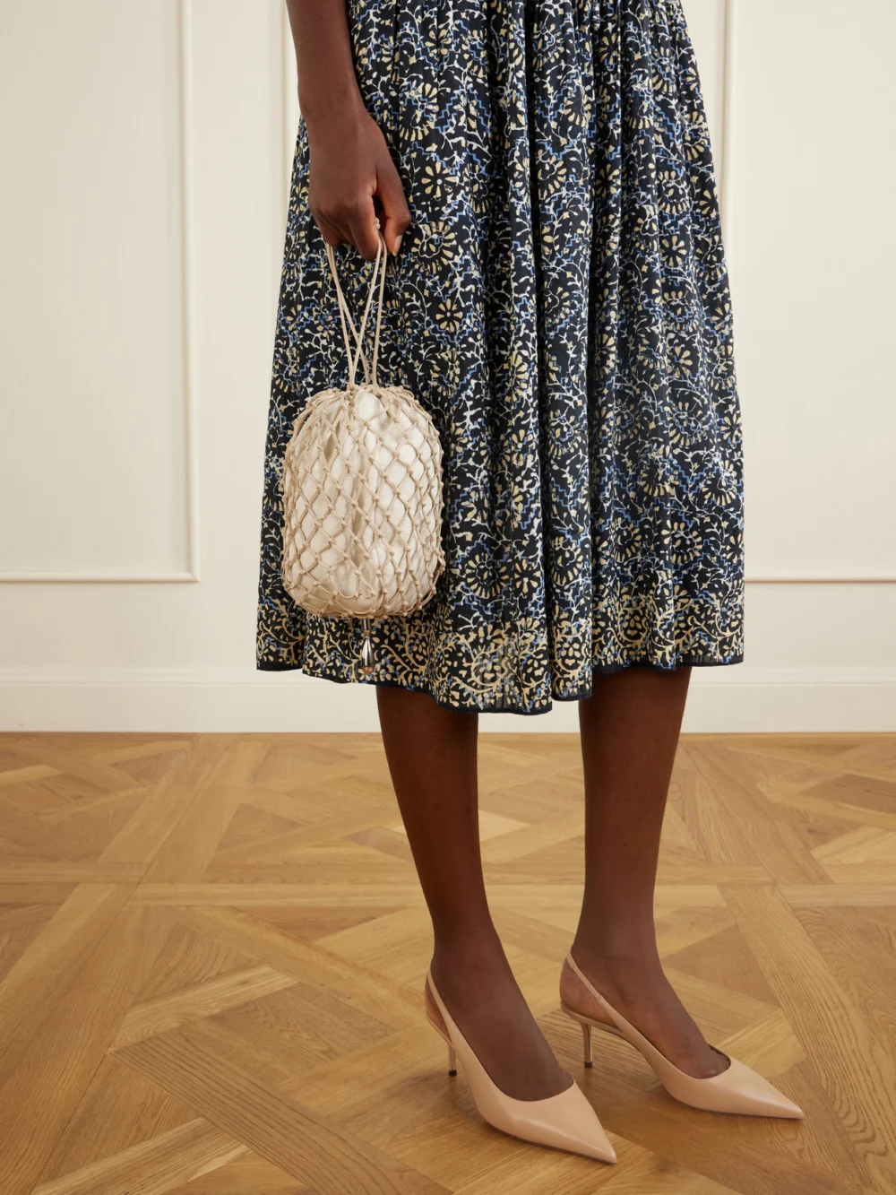 Savette Macrame Bead-embellished Canvas-trimmed Leather Clutch, styled view