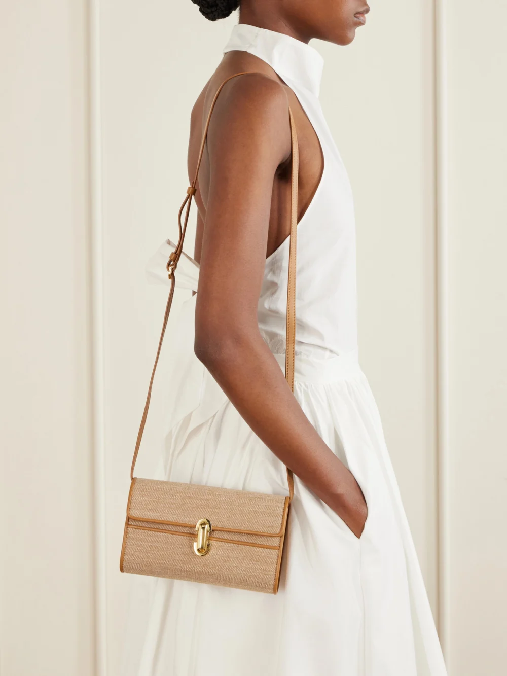 Savette Symmetry Leather-trimmed Canvas Mini Shoulder Bag, styled view