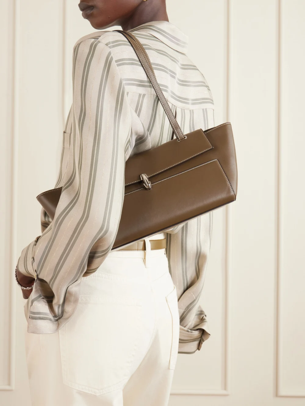 Savette Symmetry Trapeze Leather Shoulder Bag, styled view