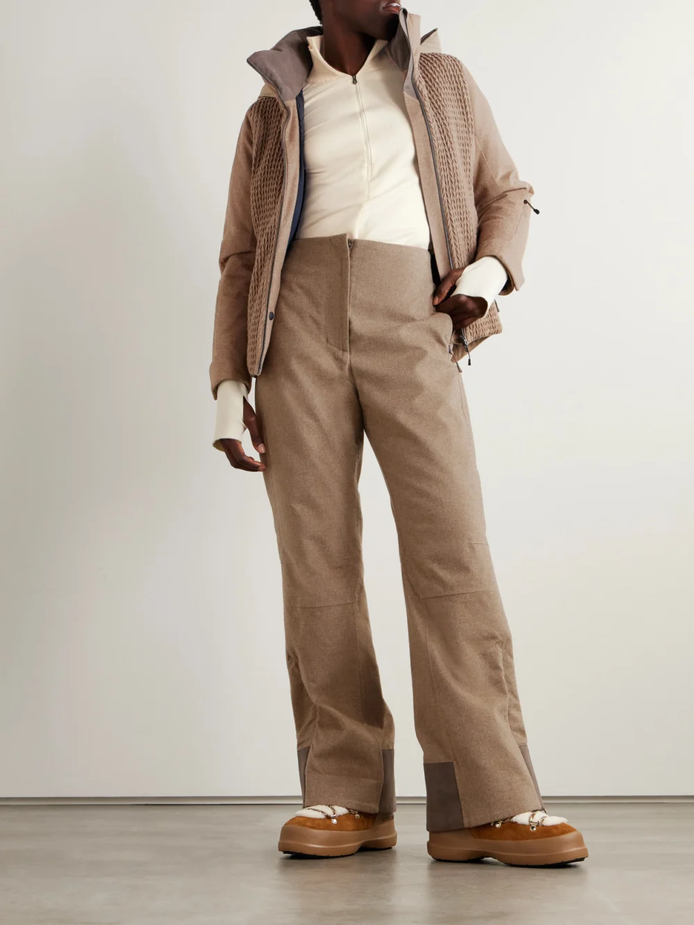 Sease Akuna Padded Cashmere Flared Ski Pants, worn by a model
