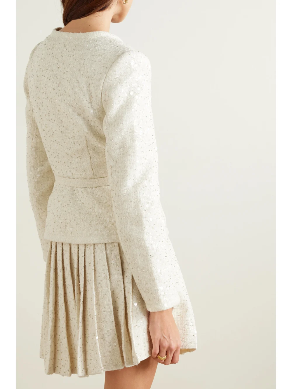 Back view of the Self-Portrait Belted Embellished Bouclé Mini Dress