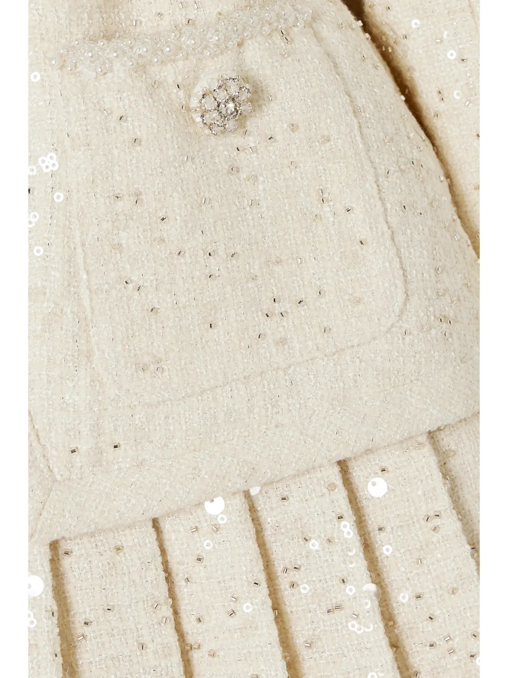 Close-up detail of the Self-Portrait Belted Embellished Bouclé Mini Dress