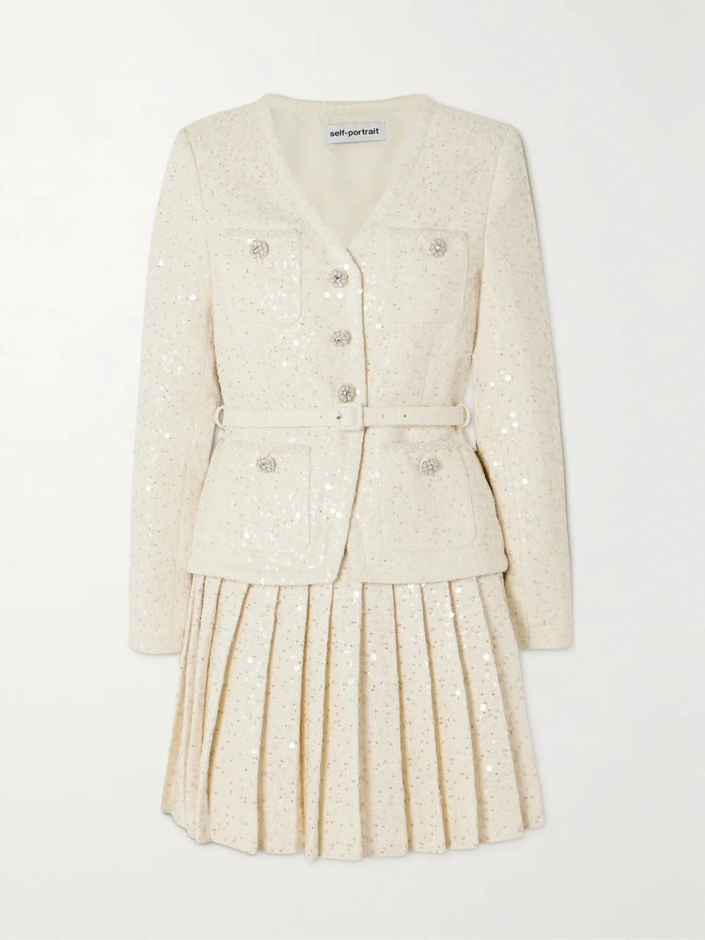 Self-Portrait Belted Embellished Bouclé Mini Dress in white