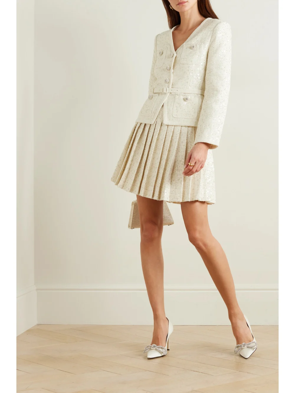 Self-Portrait Belted Embellished Bouclé Mini Dress, worn by a model