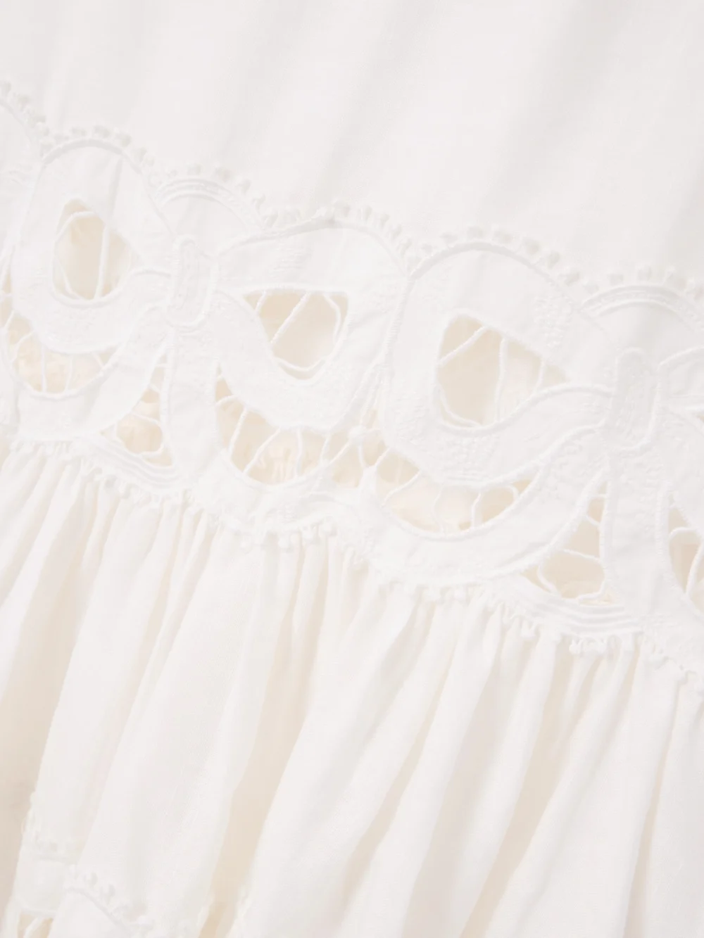 Close-up detail of the Self-Portrait Belted Guipure Lace-paneled Linen and Cotton-blend Midi Dress