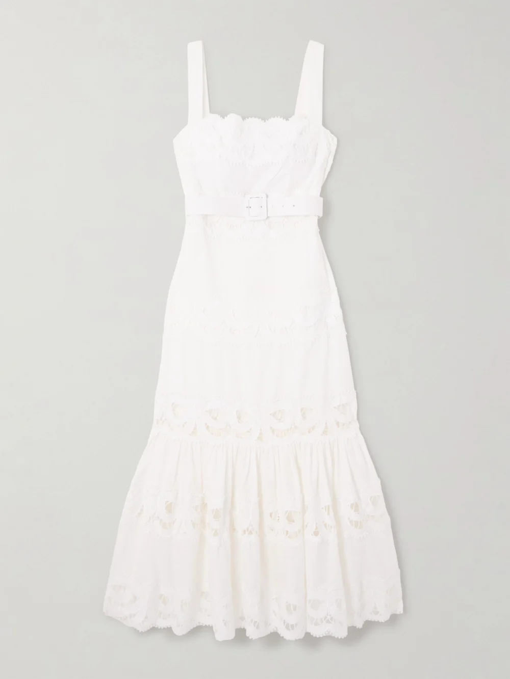 Self-Portrait Belted Guipure Lace-paneled Linen and Cotton-blend Midi Dress in white