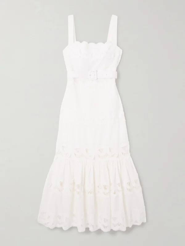 Self-Portrait Belted Guipure Lace-paneled Linen and Cotton-blend Midi Dress