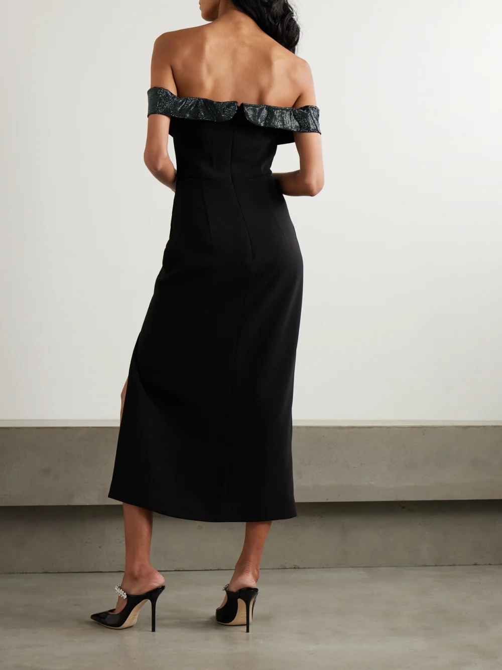 Back view of the Self-Portrait Bow and Crystal-embellished Off-the-shoulder Crepe Midi Dress