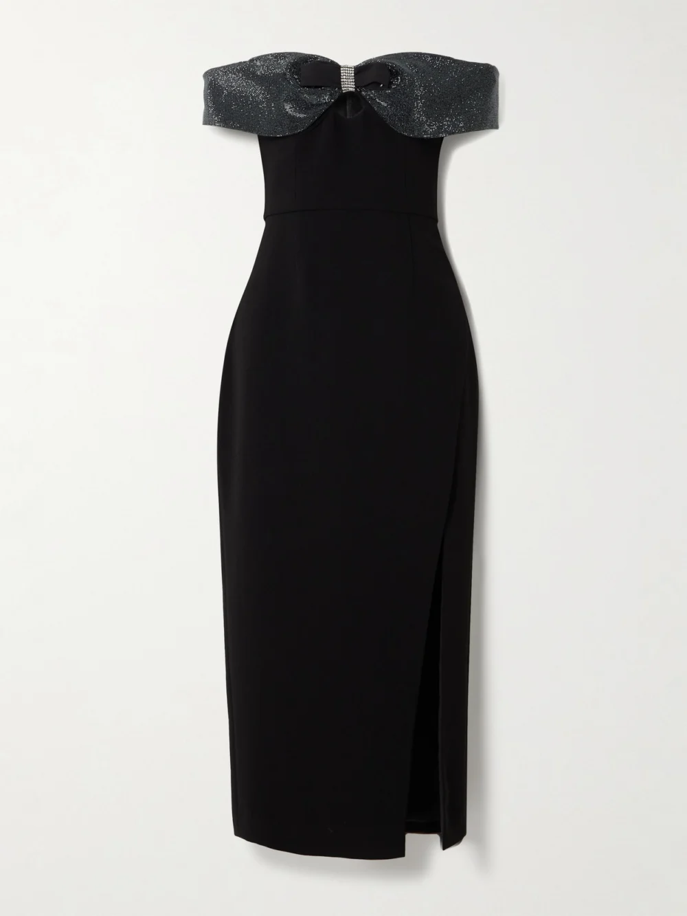 Self-Portrait Bow and Crystal-embellished Off-the-shoulder Crepe Midi Dress in black