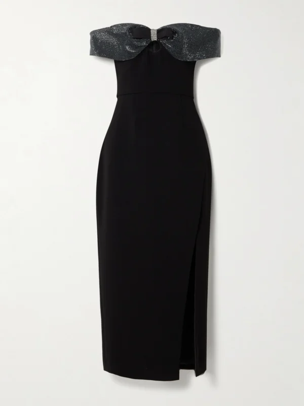 Self-Portrait Bow and Crystal-embellished Off-the-shoulder Crepe Midi Dress