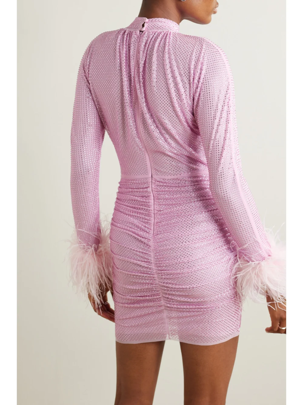 Back view of the Self-Portrait Feather-trimmed Crystal-embellished Stretch-mesh Mini Dress