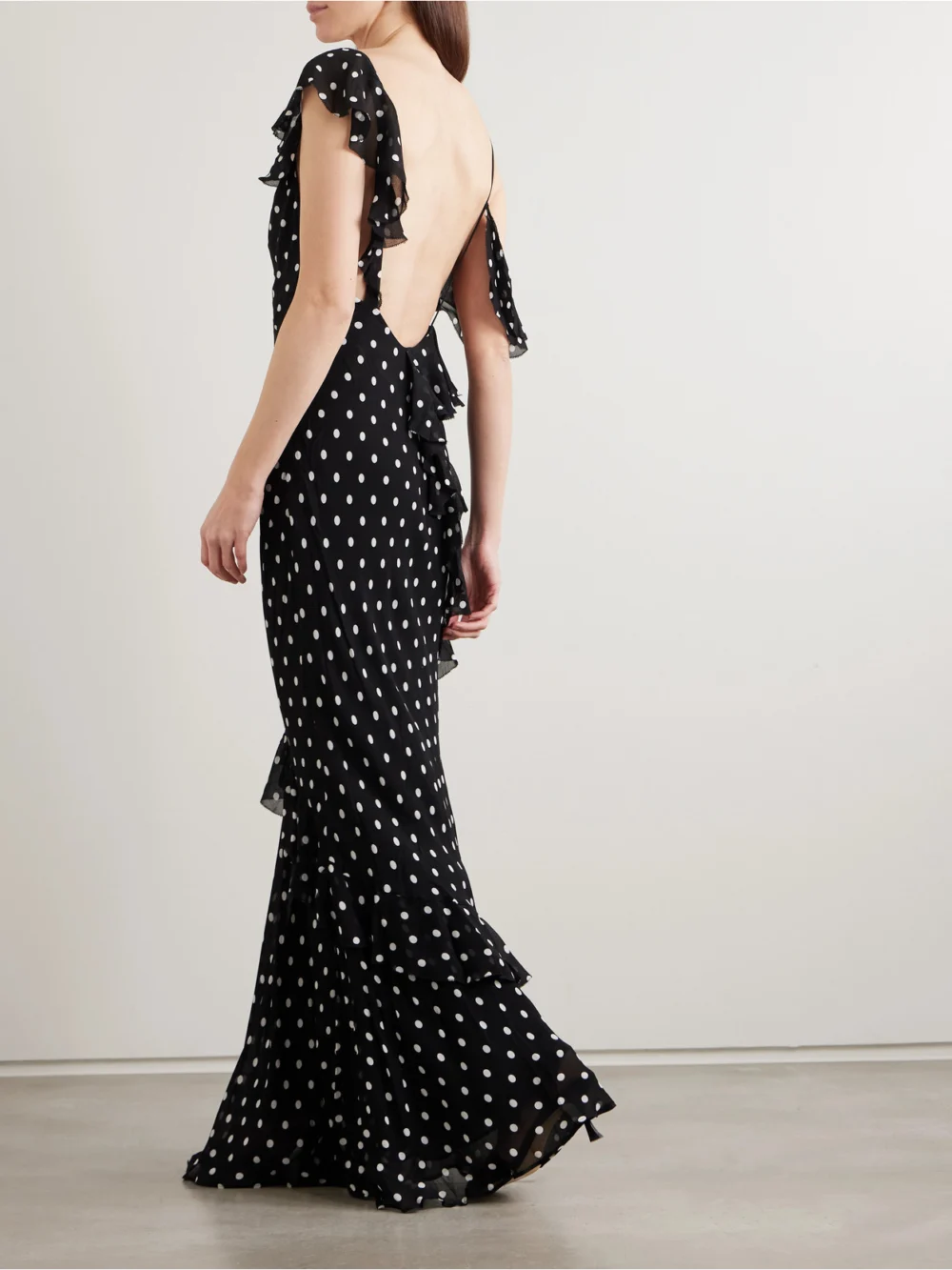 Back view of the Self-Portrait One-shoulder Asymmetric Ruffled Polka-dot Georgette Maxi Dress