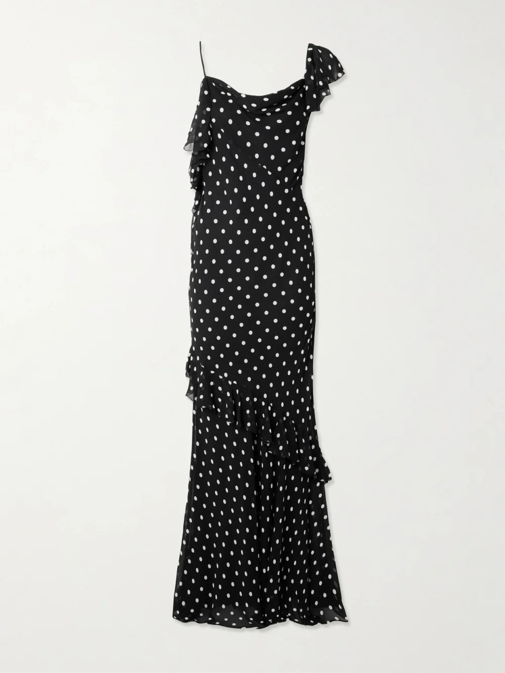 Self-Portrait One-shoulder Asymmetric Ruffled Polka-dot Georgette Maxi Dress in black