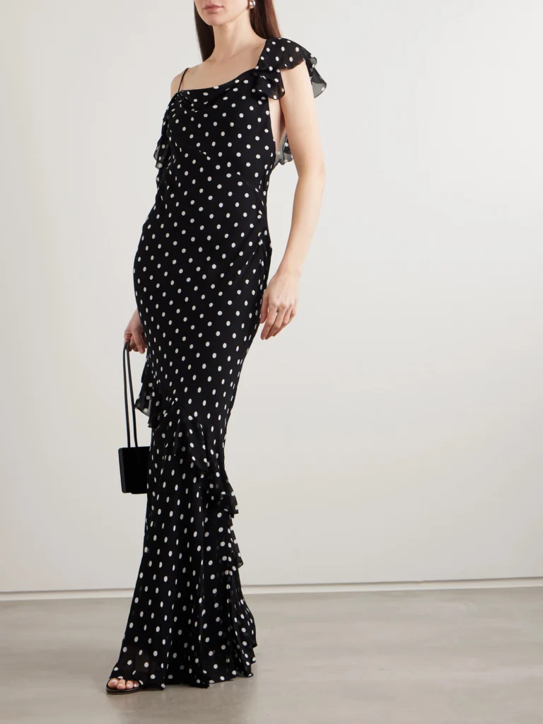 Self-Portrait One-shoulder Asymmetric Ruffled Polka-dot Georgette Maxi Dress