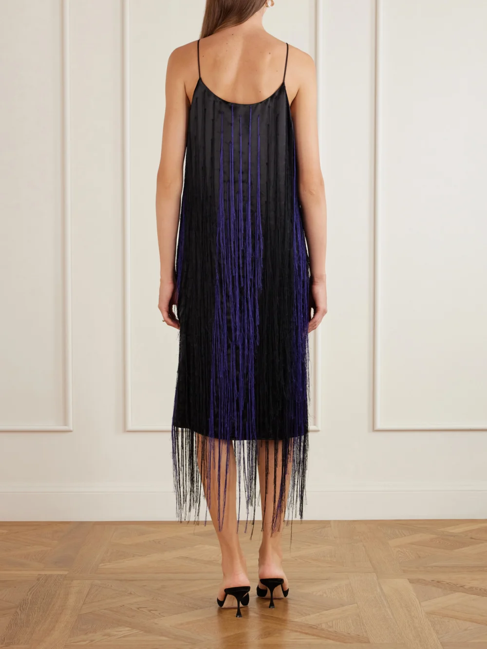 Back view of the Sharon Wauchob Katia Fringed Satin-twill Midi Dress