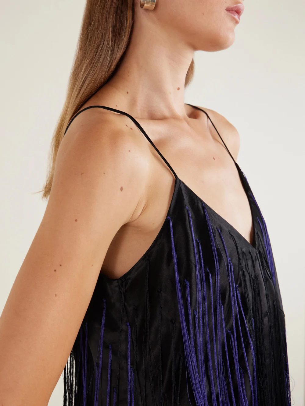 Close-up detail of the Sharon Wauchob Katia Fringed Satin-twill Midi Dress
