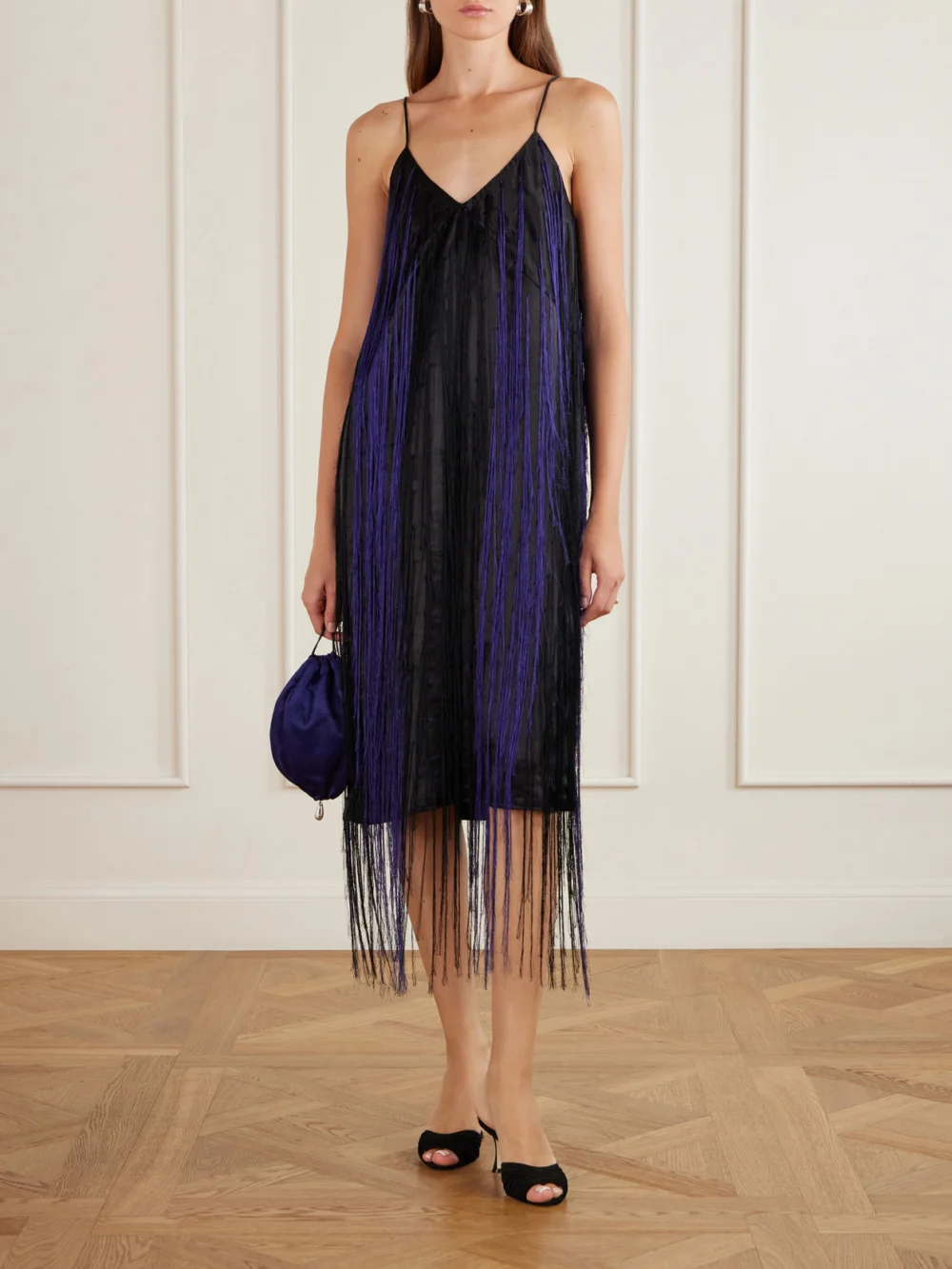 Sharon Wauchob Katia Fringed Satin-twill Midi Dress, worn by a model
