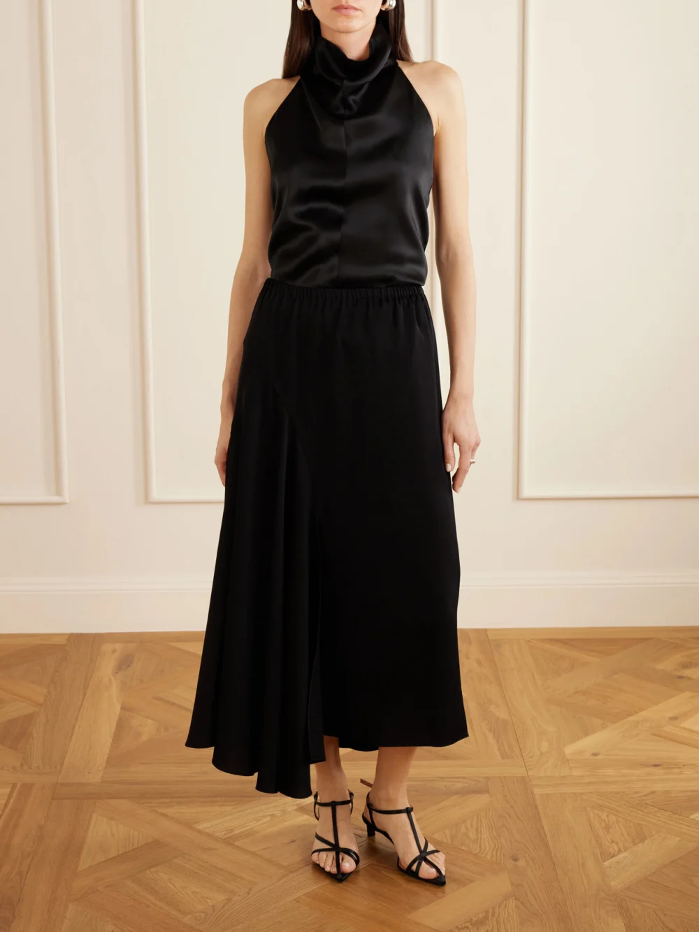 Sharon Wauchob Tria Asymmetric Duchess-satin Midi Skirt, worn by a model