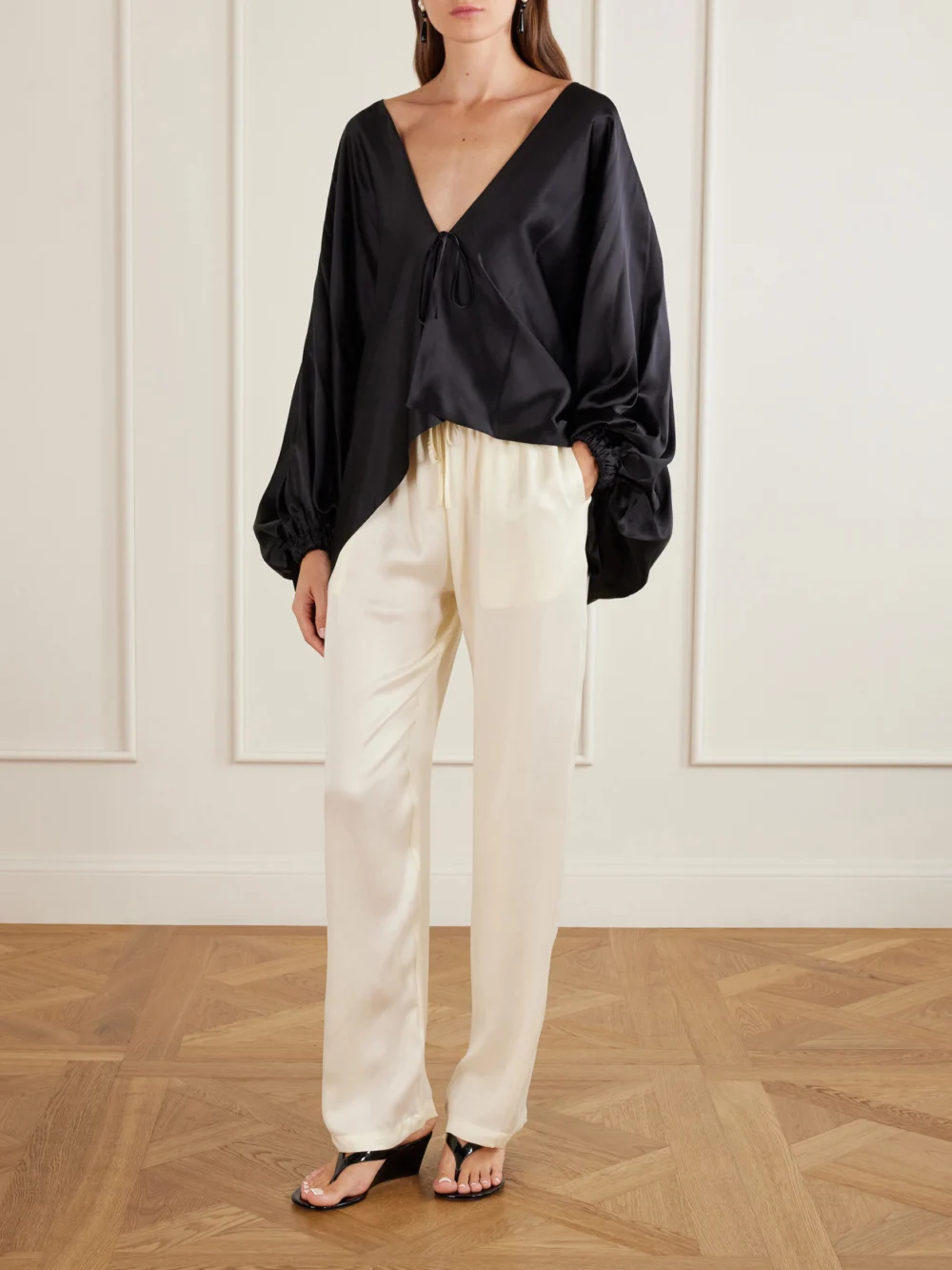 Sharon Wauchob Tuileries Satin Straight-leg Pants, worn by a model